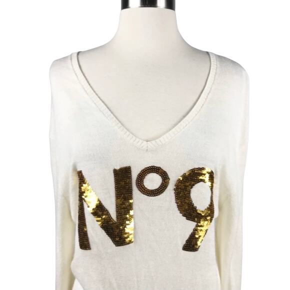 WILDFOX White Label White Sweater Gold Sequins No. 9 V-Neck Angora Oversized XS - Picture 7 of 8